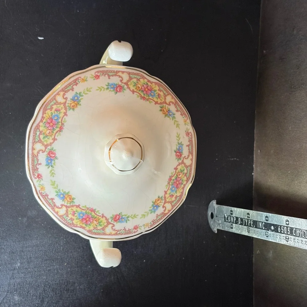 Antique Floral Porcelain Lidded Sugar Bowl Gold Gilt Trim Footed Tea Server